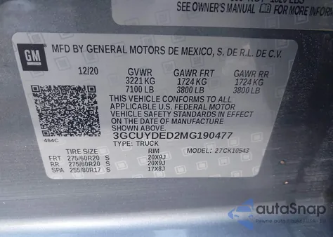 2021 Chevrolet Silverado 1500 4Wd Short Bed Lt z USA, uszkodzony, nr VIN 3GCUYDED2MG190477